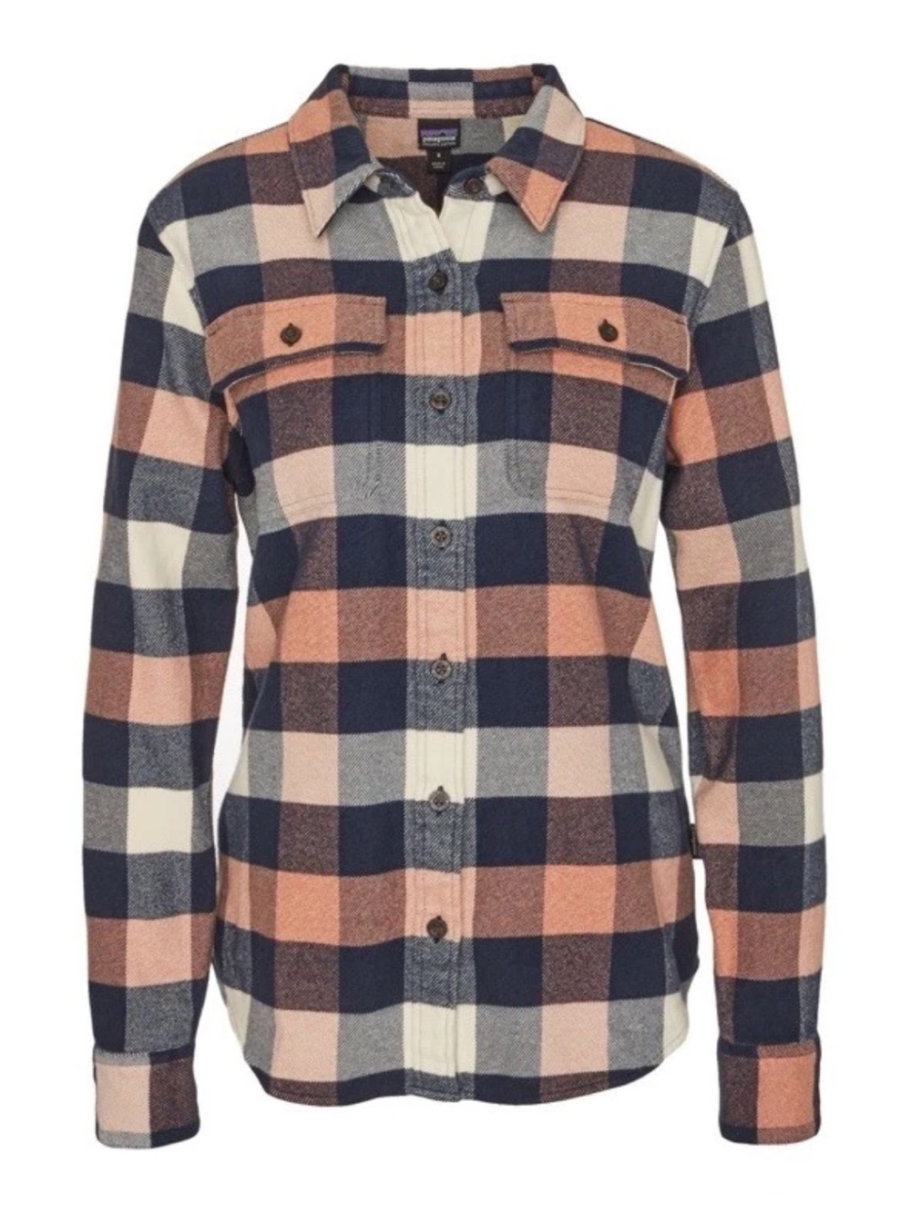 Patagonia Women’s Fjord Flannel  Size Medium Pink Navy Cream Organic Cotton EUC